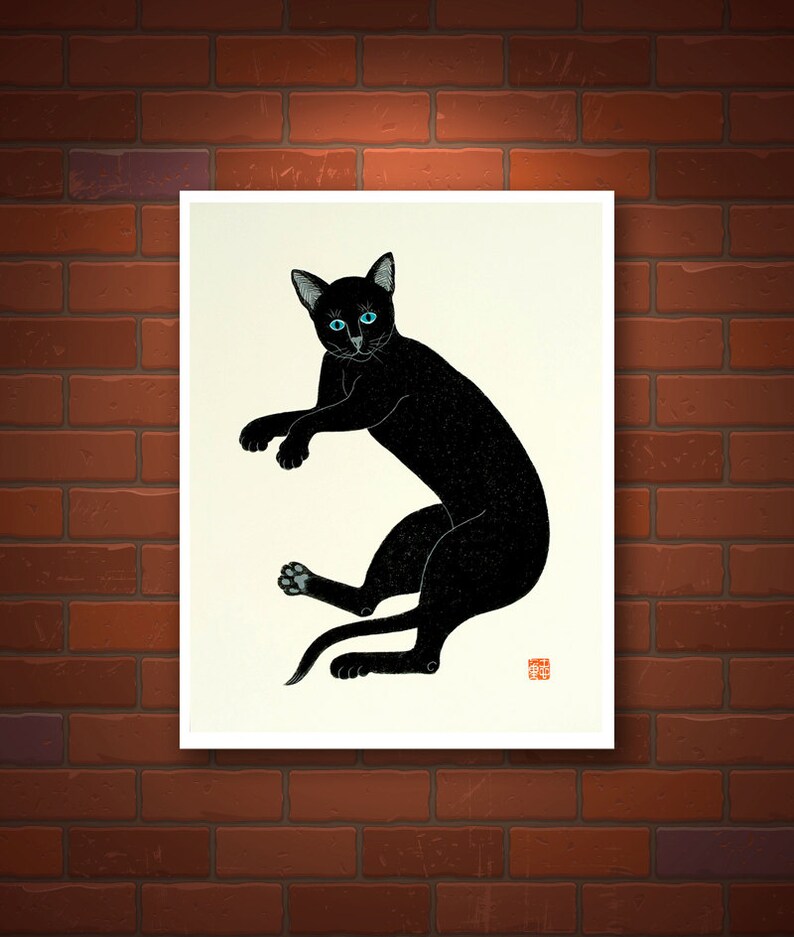 Cat art prints, Japanese cats posters, animal art poster, animal paintings, Black Cat FINE ART PRINT, children kids room wall art poster image 2