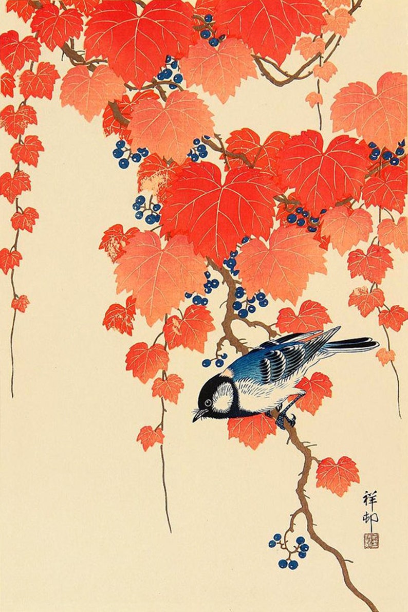 Japanese birds and flowers art prints, posters, Bird, Red Ivy Ohara Koson FINE ART PRINT, Japanese paintings, woodblock prints reproductions image 1