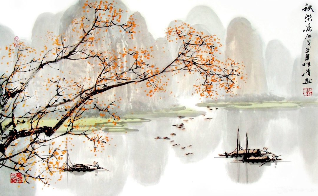 Chinese Art Print Chinese Autumn Landscape Boat Painting Landscape Il 1080xN.4749786894 Psgi