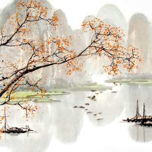Chinese art print, Chinese autumn landscape, Boat painting, Landscape with boats FINE ART PRINT, art poster, wall art, home decor, art gifts