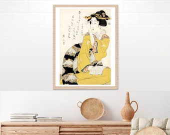 Japanese art prints, Geishas, Geisha in yellow kimono reading a book Kikugawa Eizan FINE ART PRINT, woodblock prints, paintings reproduction