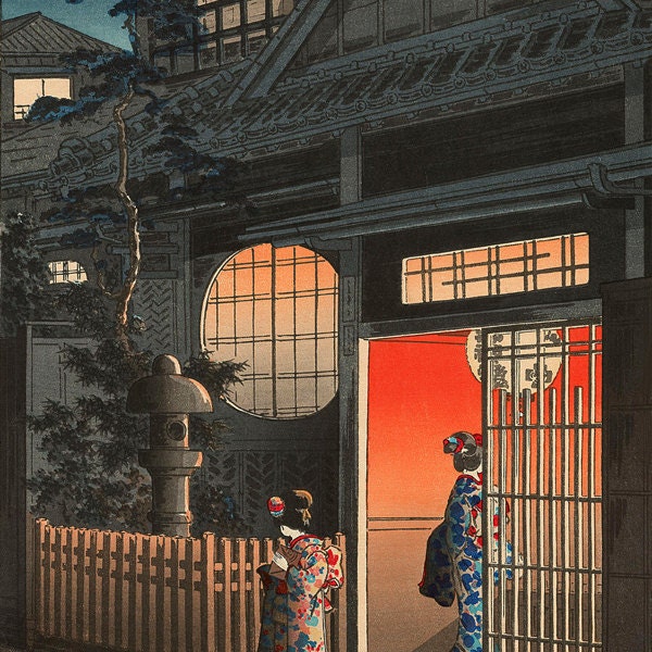 Japanese art prints, Geishas Teahouse Araki Street Tsuchiya Koitsu FINE ART PRINT, woodblock prints, paintings, art prints, posters