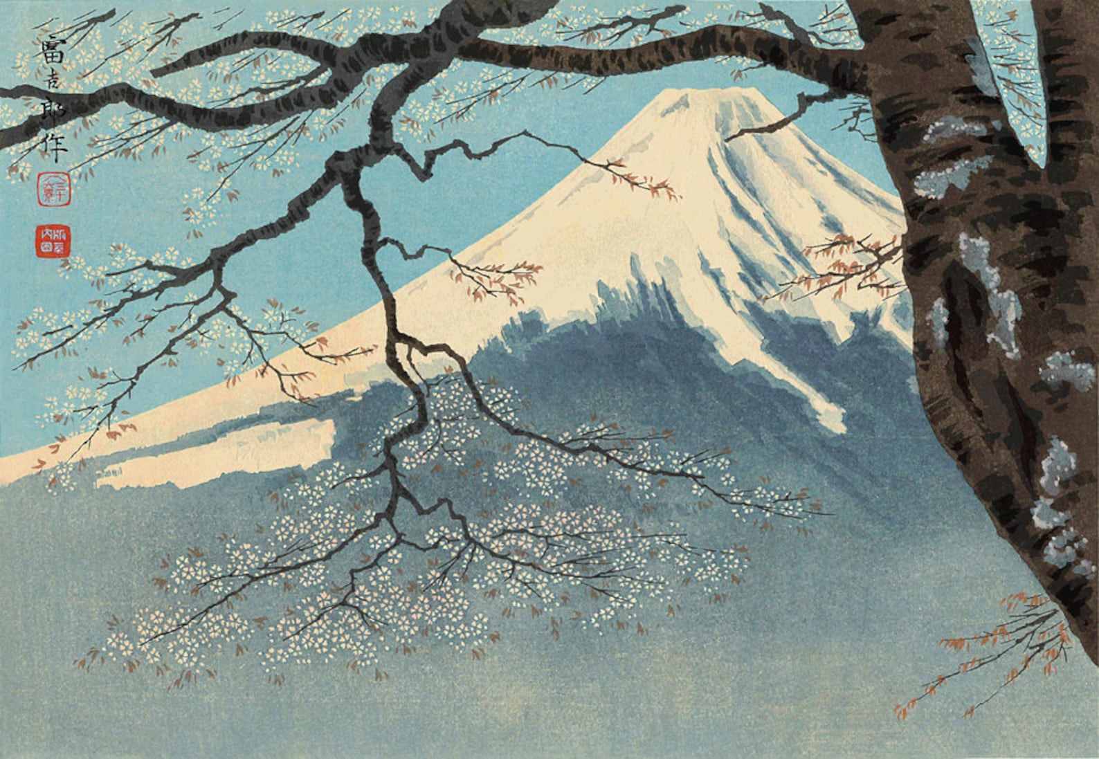 Fuji and Sakura Cherry Tree Blossoms FINE ART PRINT, Japanese art prints, a...