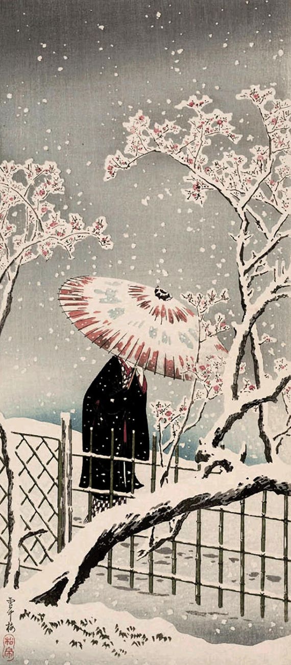 Arte invernale giapponese, donna con ombrello, fiori di pruno, rami coperti  di neve, STAMPA FINE ART Shotei Hiroaki, riproduzione di stampa in legno. -   Italia