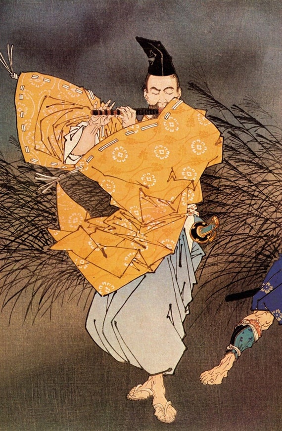 Japanese Art Samurai Painting Flute Playing Samurai Moonlight