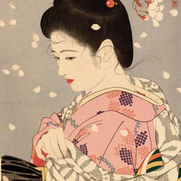 Art japonais, Geishas, belles femmes. Sakura, pétales de fleurs de cerisier, Hanafubuki Tatsumi Shimura FINE ART PRINT, gravures sur bois