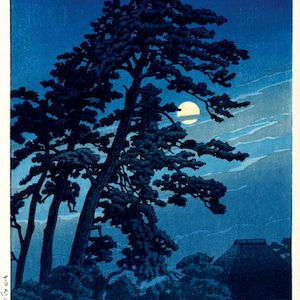 Japanese art, Moonlight prints, Night scene, Full moon in Magome Hasui Kawase FINE ART PRINT art posters, ukiyo-e woodblock prints, painting