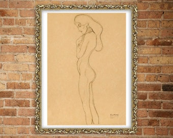 Gustav Klimt drawings, European vintage nude art, Nude Painting, Standing nude by Gustav Klimt, FINE ART PRINT, Erotic art posters, wall art