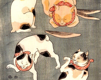 Japanese art, Four Cats in Different Poses Kuniyoshi FINE ART PRINT, japanese cats art prints, posters, animal paintings, woodblock prints