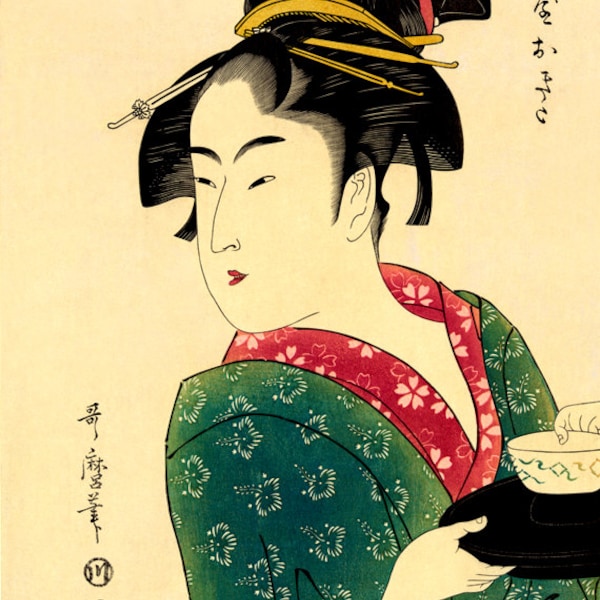 Serveuse de salon de thé avec une tasse de thé, Kitagawa Utamaro ART PRINT. Art japonais, geishas, estampes d'art de beautés, affiches, peintures, gravures sur bois