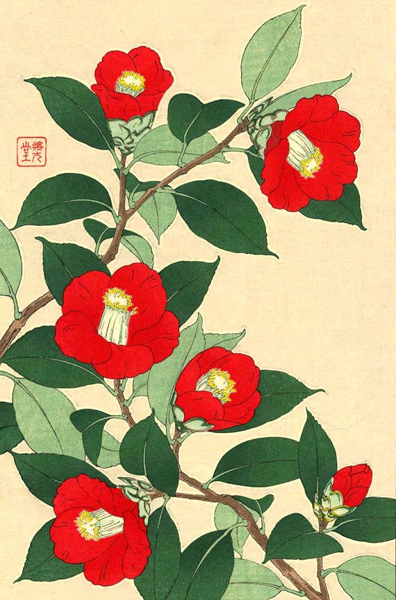 Flores japonesas grabados de arte carteles camelias rojas - Etsy México