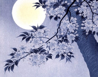 Japanese art, Cherry Blossoms, Sakura, Night, Moon, Blooming cherry at night Ohara Koson FINE ART PRINT, woodblock prints, japanese posters
