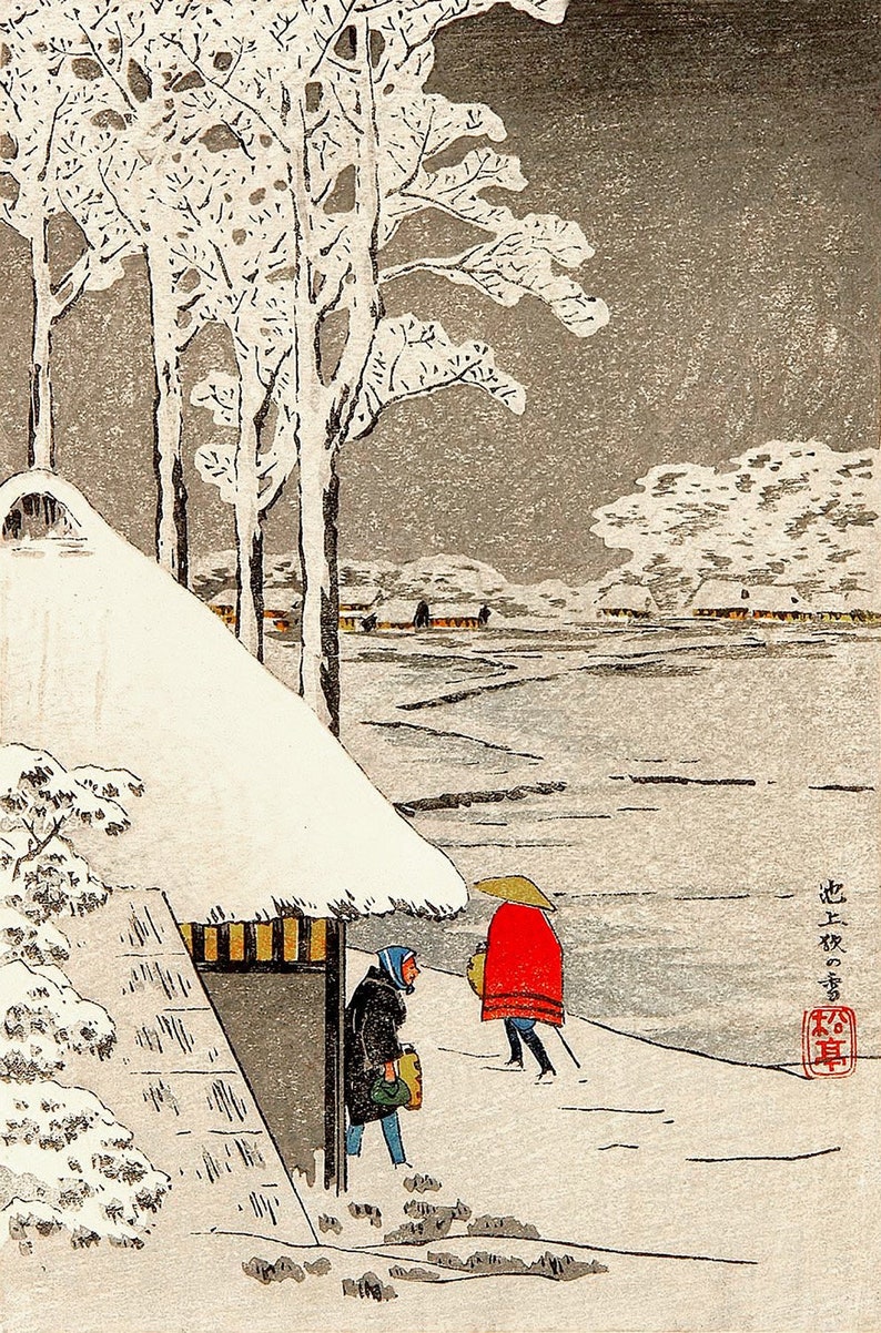 Japanese winter art, Snowing landscapes, Snow at Ikegami, Takashi Hiroaki F...