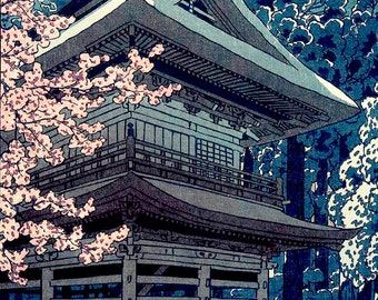Japanese art, Sakura tree, Cherry Blossoms, Moon Engaku Temple Shiro Kasamatsu FINE ART PRINT, Sakura blooming, woodblock prints, posters