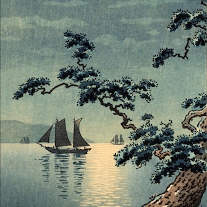 Japanese art prints, posters, Sailboats in moonlight Tsuchiya Koitsu FINE ART PRINT, night sea ocean landscape, woodblock print reproduction