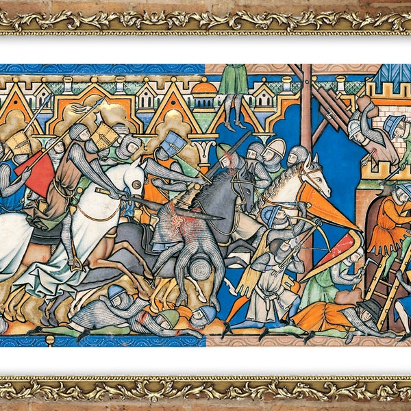 Antique European art, Illuminated manuscript, Medieval art, Fighting Crusades Knights FINE ART PRINT, wall art, home decor, art poster, gift