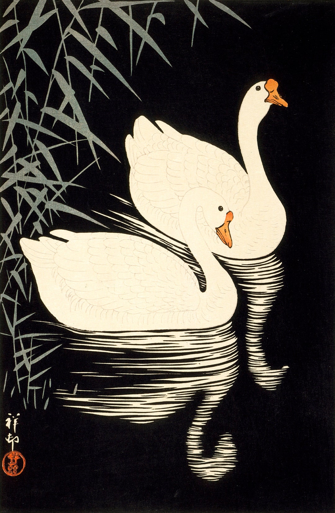 Japanese Animal Art, Birds Woodblock Print, Geese in Reeds Ohara Koson ...