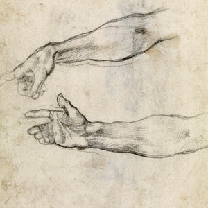 European art, Studies of hands Michelangelo drawings FINE ART RTINT, antique european art, Italian art, drawings, renaissance reproductions image 1