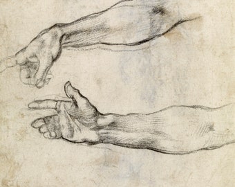 European art, Studies of hands Michelangelo drawings FINE ART RTINT, antique european art, Italian art, drawings, renaissance reproductions