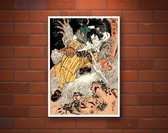 Japanese art, Samurai warrior fighting Higuchi Jiro Kuniyoshi FINE ART PRINT, japanese art prints, posters, japan wall art, japan home decor