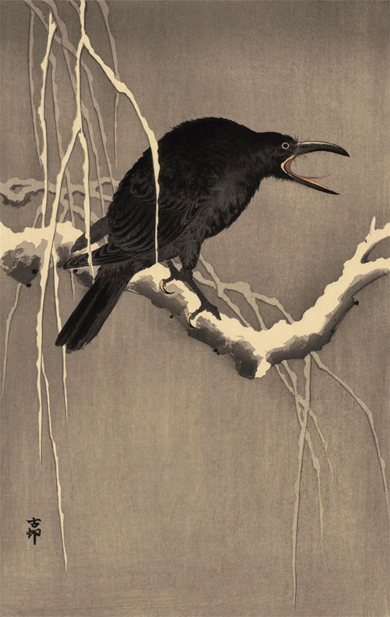 Crows art prints and art posters Screaming Crow on a Snow Branch Ohara Koson FINE ART PRINT Japanese birds art prints woodblock prints