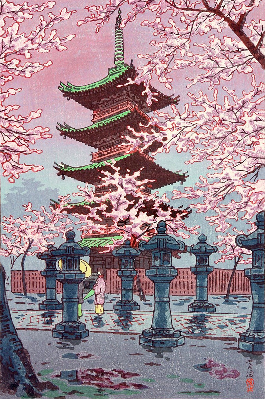 Japanese Art Woodblock Art Prints Temple Cherry Blossom Etsy