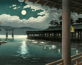 Japanese art print, poster, Torii Gates in Moonlight Tsuchiya Koitsu FINE ART PRINT, night sea ocean landscape, woodblock print reproduction