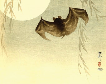 Japanese art, Japanese art prints, Bat paintings, Bat and the Moon Ohara Koson FINE ART PRINT, woodblock prints, reproduction, posters, gift