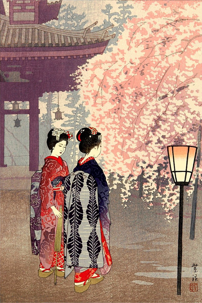 Japanese Geisha Walking Through a Cherry Blossom Forest Picture Framed Print