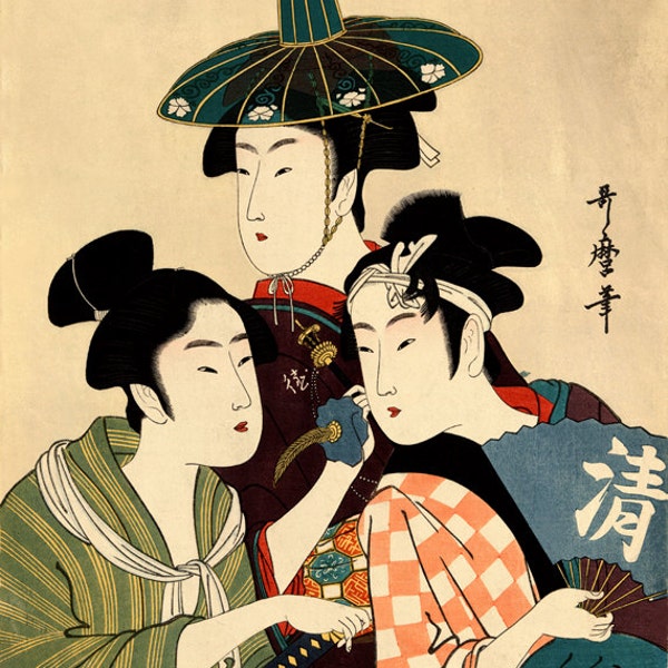 Trois jeunes hommes ou femmes, Kitagawa Utamaro FINE ART PRINT. Art antique japonais ancien, gravures sur bois, peintures, estampes d'art, affiches.
