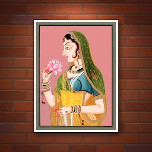 Indian art, Vintage illustration, Radjasthani Lady with Flowers FINE ART PRINT, Vintage art, Indian art prints, paintings, posters, wall art image 1