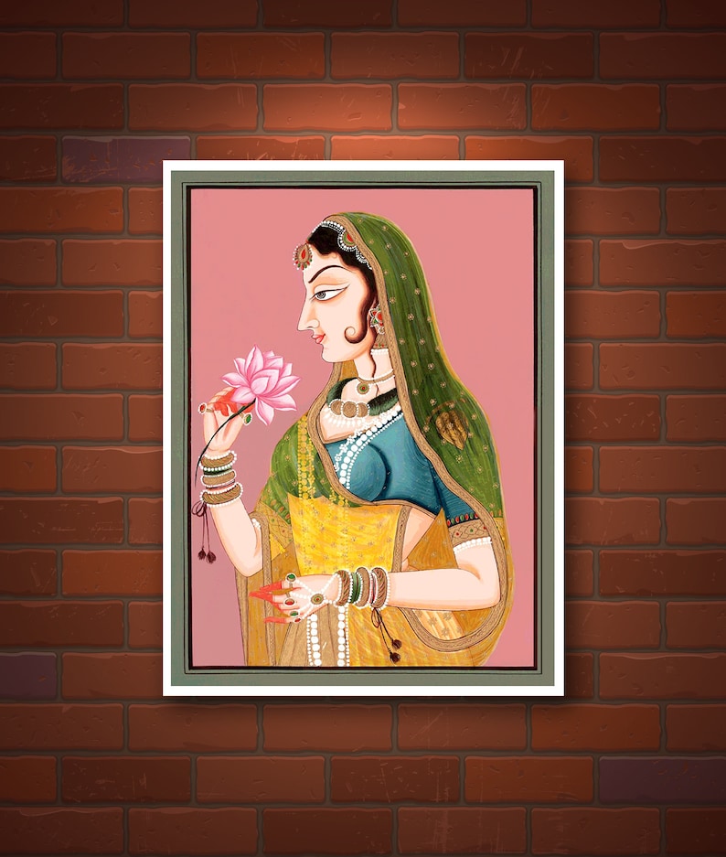 Indian art, Vintage illustration, Radjasthani Lady with Flowers FINE ART PRINT, Vintage art, Indian art prints, paintings, posters, wall art image 1