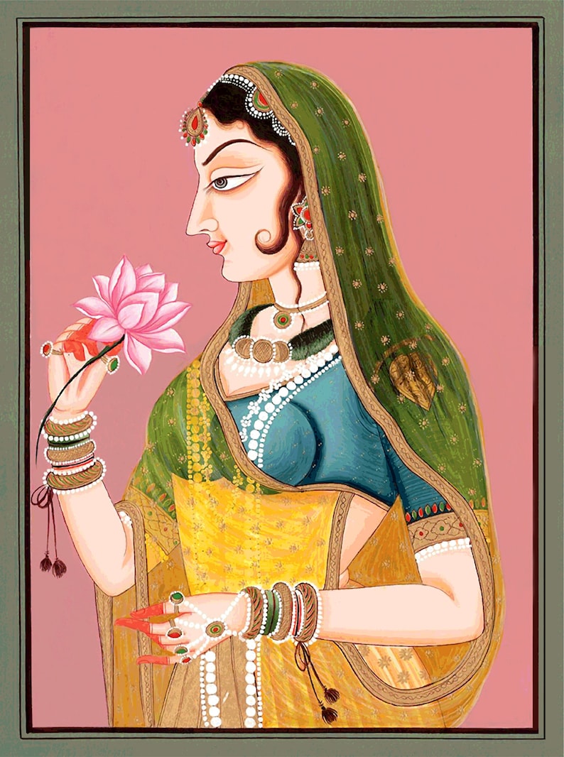 Indian art, Vintage illustration, Radjasthani Lady with Flowers FINE ART PRINT, Vintage art, Indian art prints, paintings, posters, wall art image 2