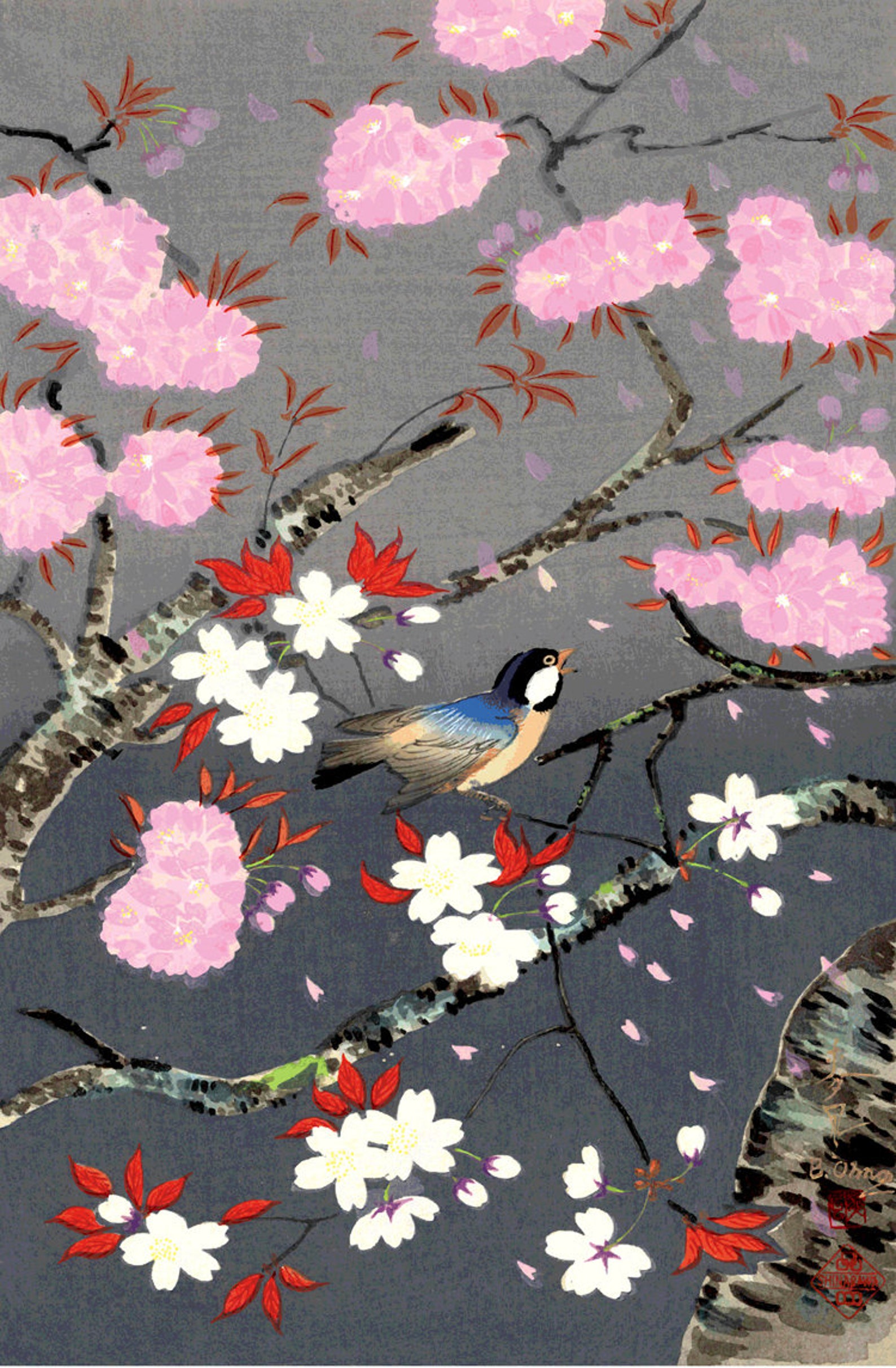 укиё-э сакура. японская ксилография птицы. живопись японии гравюра птица. японская ксилография птицы. живопись японии кайга.