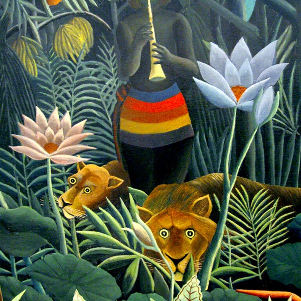 Europese kunst, schilderijen van Henri Rousseau, twee leeuwen uit de droom FINE ART PRINT, posters, schilderij, impressionistische kunst, schilderij reproductie