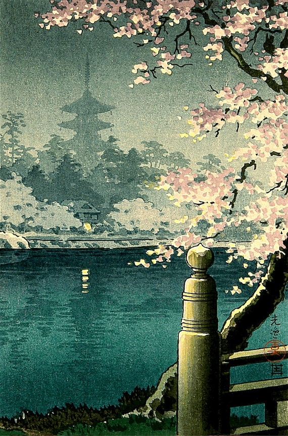 Japanese Art Pagoda and Blossom - Etsy