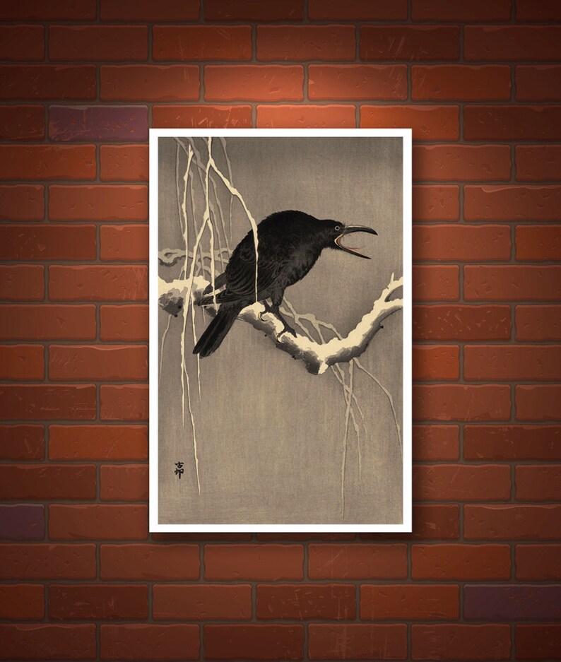 Crows art prints and art posters Screaming Crow on a Snow Branch Ohara Koson FINE ART PRINT Japanese birds art prints woodblock prints