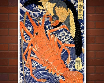 Japanese animal art, Phoenix and Lobster FINE ART PRINT, japanese animal paintings, woodblock prints, art prints, wall posters, home decor