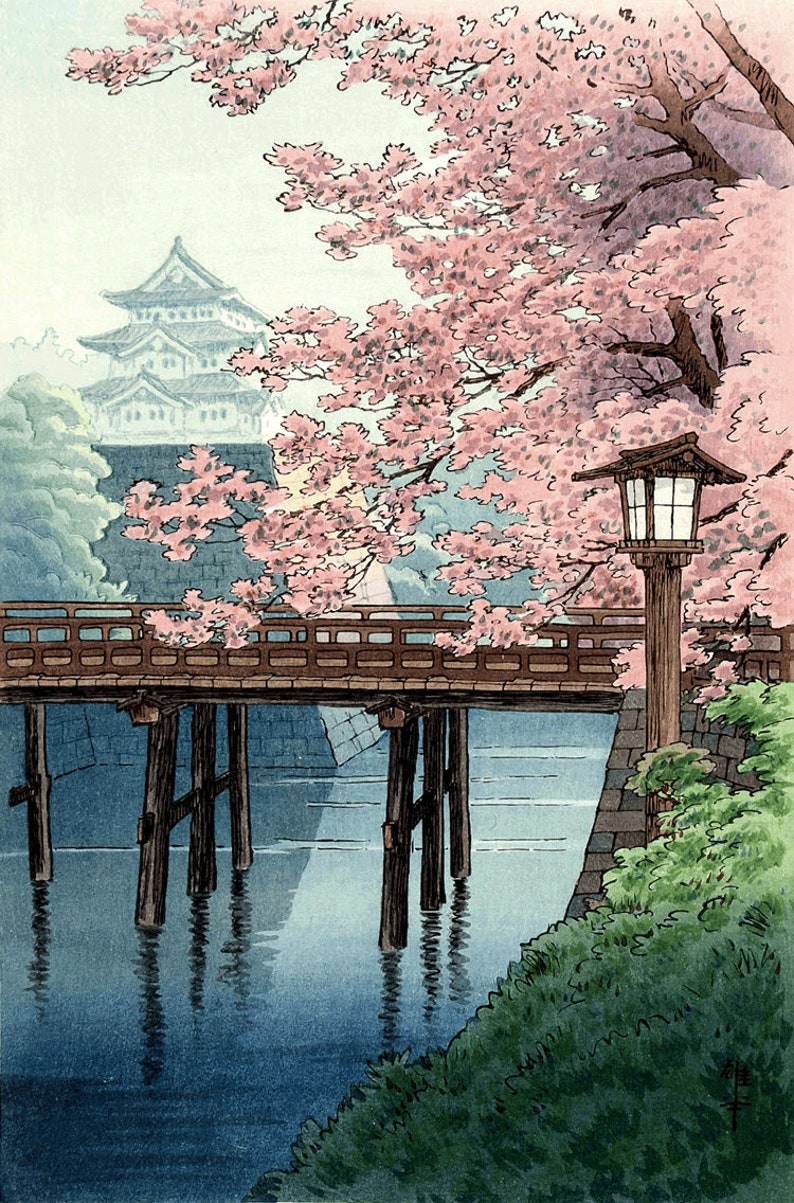  Japanese  art  woodblock art  prints Temple cherry blossoms 