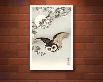 Owls, birds art prints. Japanese art, Owl Flight, Cherry Blossoms, Full Moon Ohara Koson FINE ART PRINT, woodblock prints, japanese posters