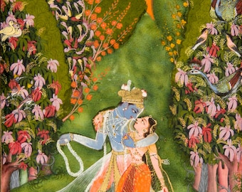 Indian art, Indian illustration, Krishna and Radha walking FINE ART PRINT, antique vintage art, Indian art print, painting, poster, wall art