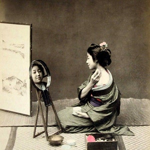 Japanese geisha vintage photography, Geisha and Mirror FINE ART PRINT, old antique photographs art prints, japanese geisha wall art posters