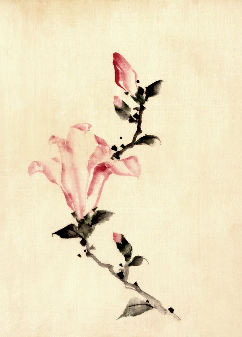 Japanese Art, Pink Flower Drawing Hokusai FINE ART PRINT, Japanese