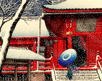 Japanese art, japanese snow winter art prints, posters, woodblock prints, paintings reproductions. Snow at Kiyomizu Hall by Hasui Kawase.