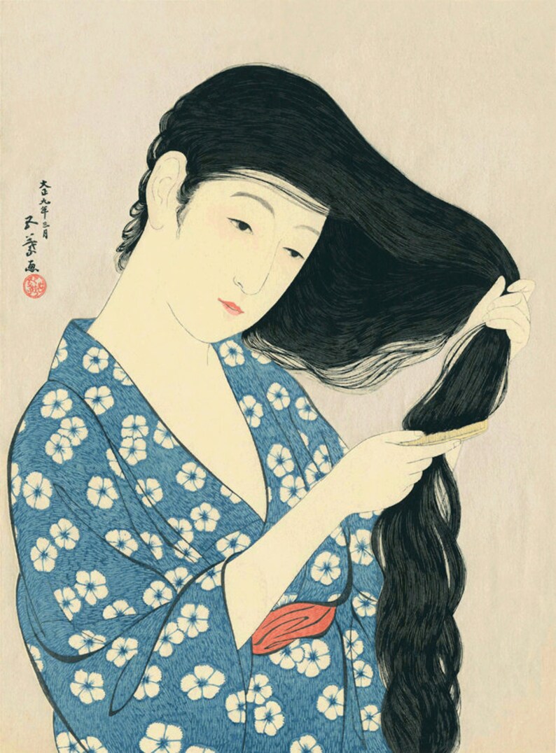 Japanese art Kamisuki Woman combing her hair Goyō Hashiguchi image 1.
