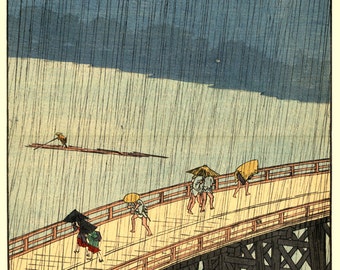 Japanese art, Hiroshige Famous: Rain over Bridge Views of Edo FINE ART PRINT, river, bridge art prints, wall posters, old tokyo landscapes