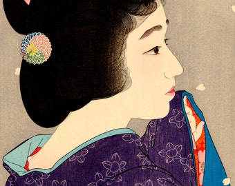 Japanese geisha, falling cherry petals, Misty Spring Torii Kotondo FINE ART PRINT, Japanese art prints, posters, paintings, woodblock prints