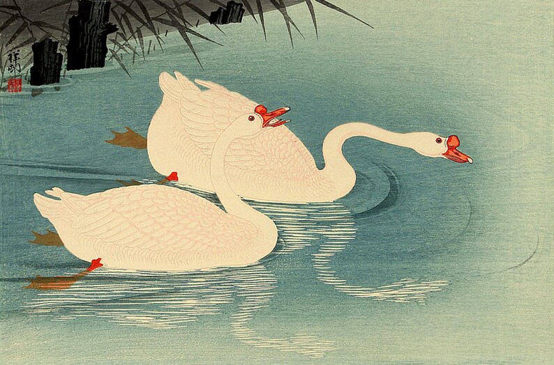 Japanese Animal Art Birds Woodblock Print Swans in Reeds - Etsy