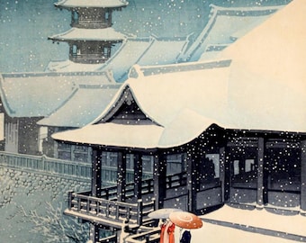 Japanese art prints, Kiyomizu Temple in snow Hasui Kawase FINE ART PRINT, winter snow paintings, woodblock prints reproductions, art posters
