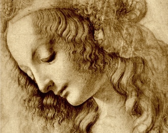 Europese kunst, schilderijen van Leonardo da Vinci, tekeningen, renaissance antieke kunst prenten, posters, vrouw in profiel, hoofd van een vrouw, ART PRINT